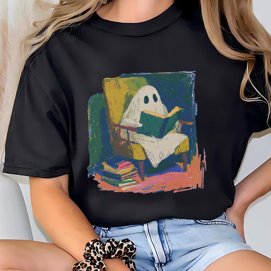 Cozy Ghost Reading Sweatshirt Halloween Book Lover Apparel T-shirt