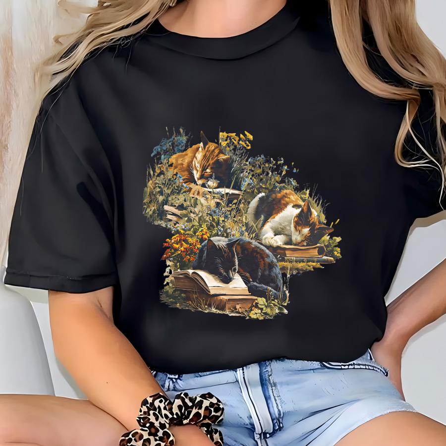 Cats And Books Sweatshirt Cozy Book Lover Shirt Cat Graphic Tee Literature Inspired Crewneck T-shirt