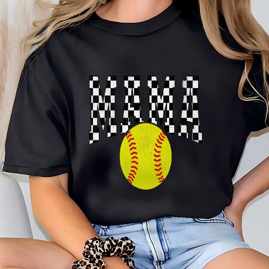 Softball Mama Shirt Checkered Softball Mama Tshirt Gift For Mom Vintage Checkered Softball Mom Tshirt Varsity Mom T Shirt T-shirt
