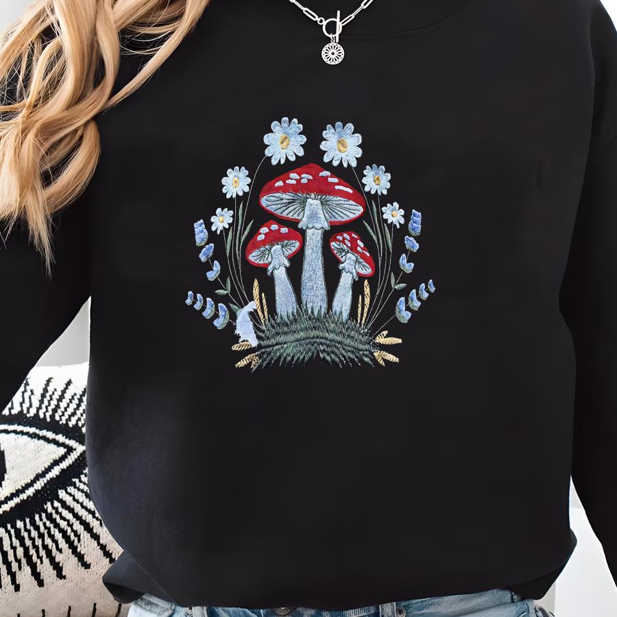 Hand-stitched Mushroom Flower Tee – Vintage-inspired Botanical Y Shirt Sweatshirt