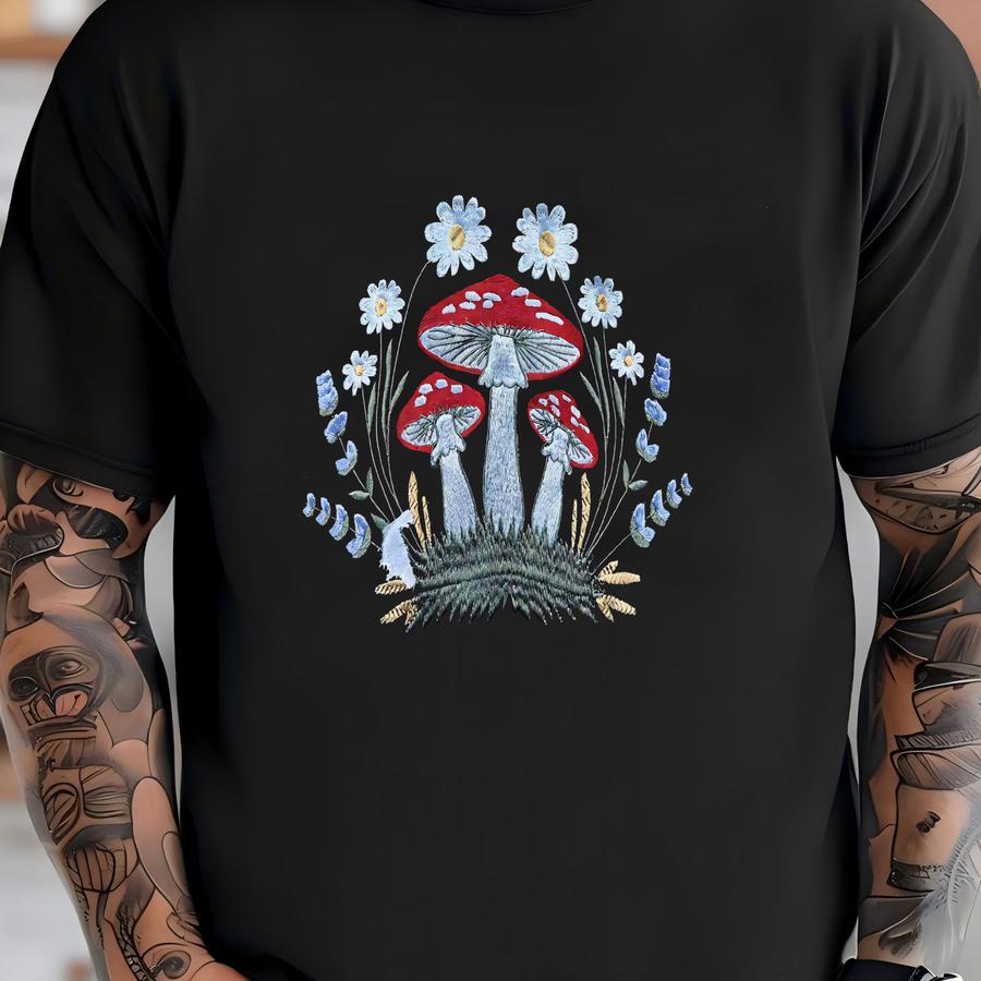 Hand-stitched Mushroom Flower Tee – Vintage-inspired Botanical Y Shirt T-shirt