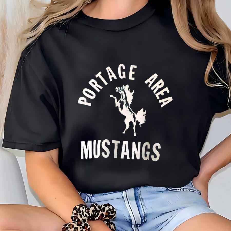 Vintage 80s 90s Portage Area Sweatshirt Mustangs Crewneck Mustangs Sweater Pullover Streewear Sportswear Style Nice Green Colour Size Medium T-shirt