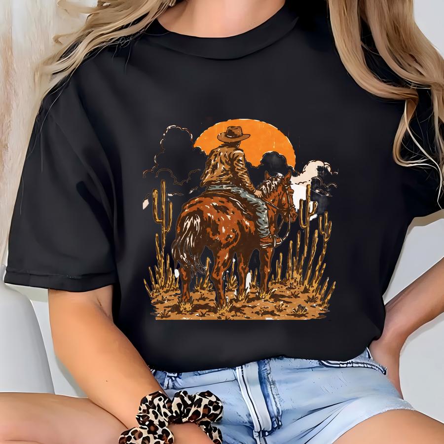Cowboy Desert Sunset Shirt, Western Hoodie, Retro Rodeo Tee, Country Western Gift, Hoodie, Sweatshirt, Long Sve, Gift Sku3 42 T-shirt
