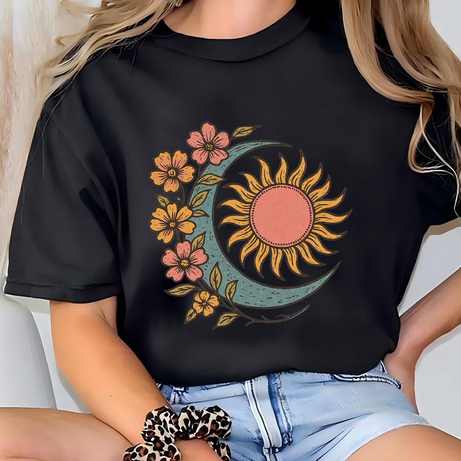 Boho Sun And Moon Floral Shirt, Retro Celestial Tee For Women, Spiritual Aesthetic Hoodie, Sweatshirt, Long Sve Gift 56 T-shirt