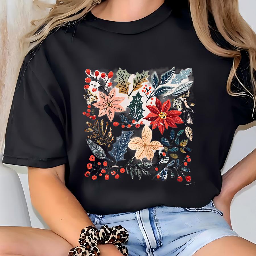Boho Floral Christmas Shirt, Women's Christmas Shirt, Womans Holiday Shirt,christmas Gift,chic Winter Shirt,cute Holiday Tee,christmas Shirt T-shirt