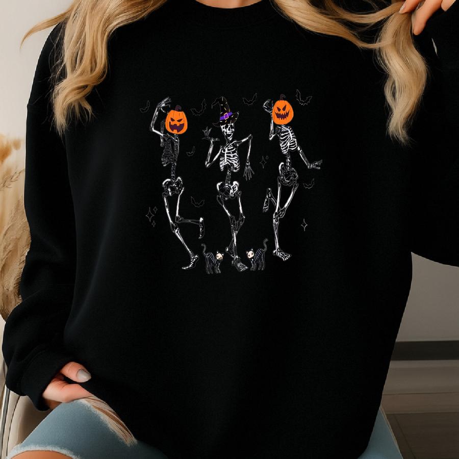 Funny Pumpkin Head Dancing Skeleton Shirt, Fall Fashion, Halloween Party Costume Sweatshirt