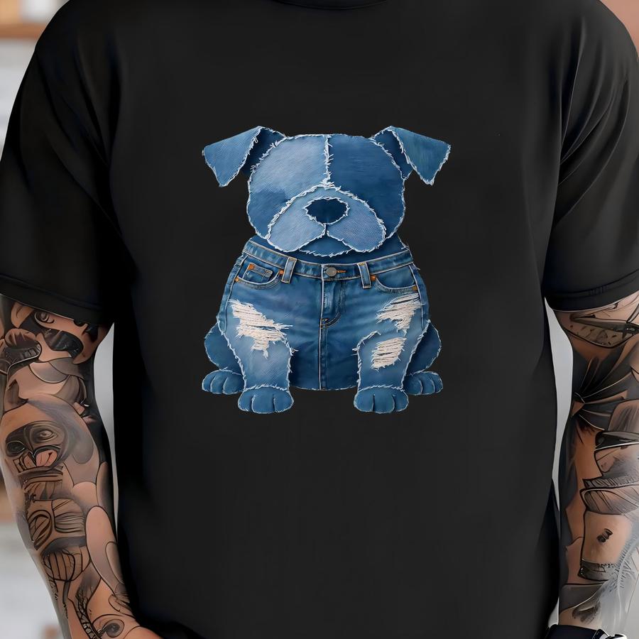Dog Pattern Denim Patchwork Art Hoodie, Women's Dog Pattern Denim Patchwork Art Shirt, Unisex Tee Retro Funny Denim Patch Animal Dog Print T-shirt