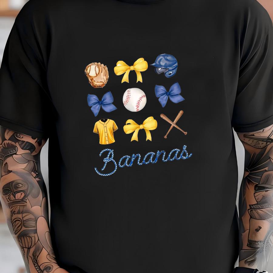 Bananas Bow , Baseball , Baseball Season, Baby Baseball Outfit, Game Day Baseball, Baseball Fan, Baseball Bow, Banana Shirt T-shirt