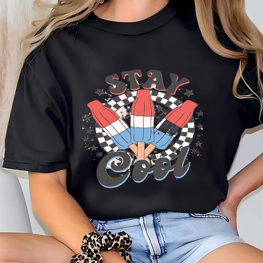 Cute Checkered 4th Of July Baby ®, Stay Cool Baby Bodysuit, Retro Independence Day Outfit, Checkered Red White Blue Popsicle ® T-shirt