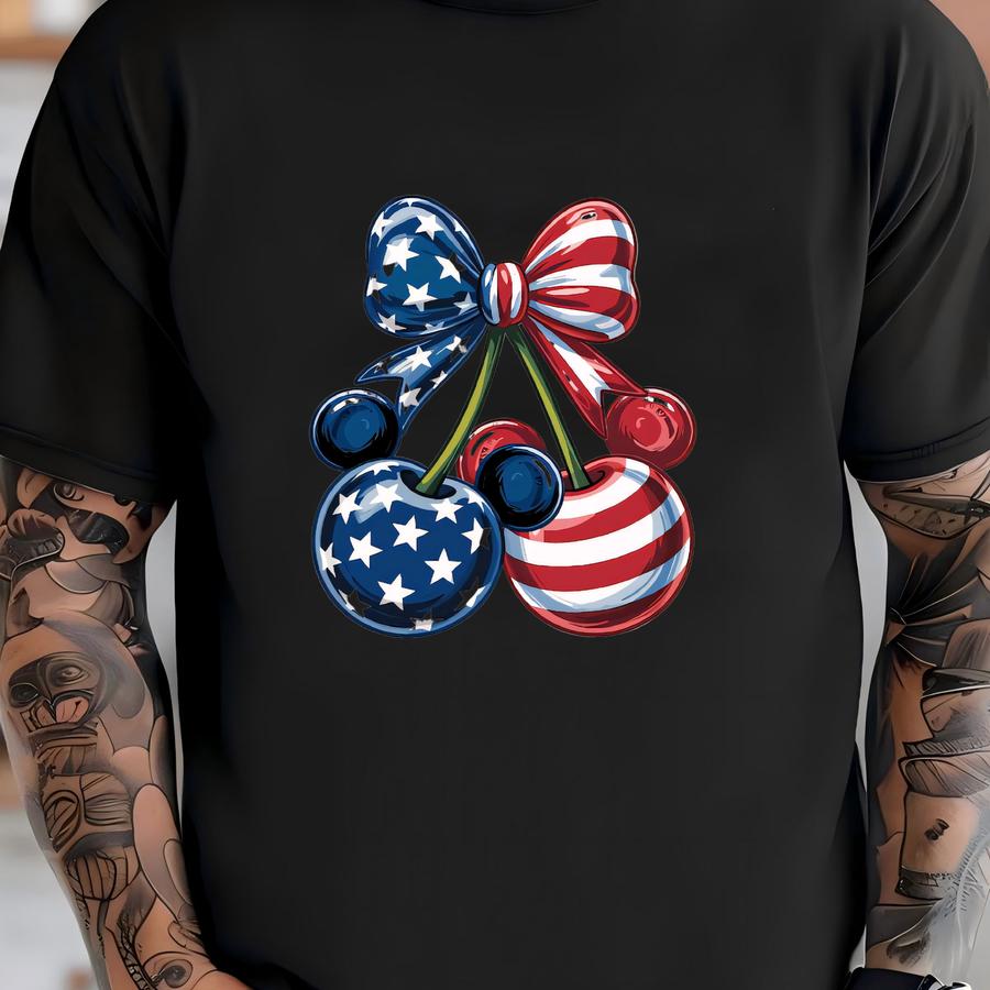 Patriotic Cherry Shirt, 4th Of July Shirt, American Flag Bow Tee, Usa Summer Vacation Shirt, Trip T-shirt