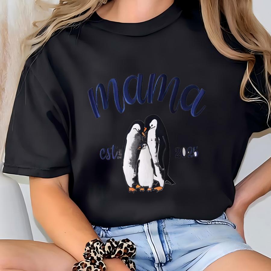 Mama Penguin Est Custom Sweatshirt, New Mama Sweater, Mom Grandma Sweatshirt, Pregnancy Announcement Gift Mama, New Mom Hoodie T-shirt
