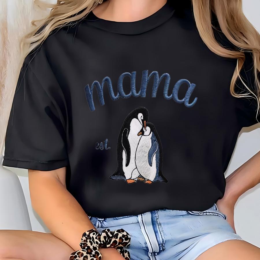 Mama Penguin Est Custom Sweatshirt, New Mama Sweater, Mom Grandma Sweatshirt, Pregnancy Announcement Gift Mama, New Mom Hoodie T-shirt