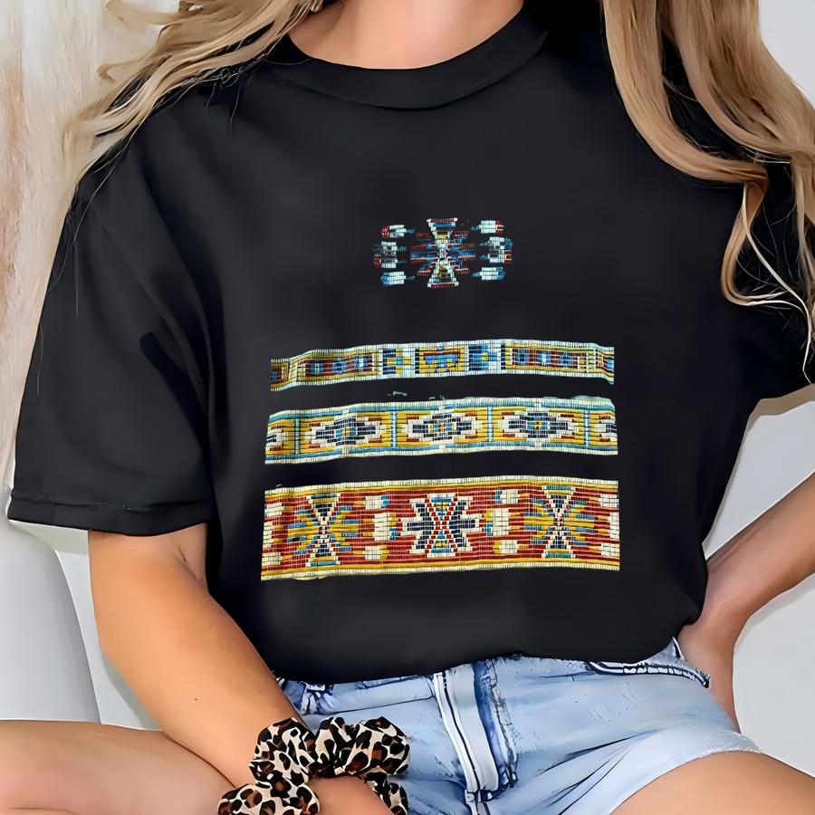 Vintage 90's Blue Yellow Dye Beaded Aztec Native American Tee Shirt Sz Large Vtg T-shirt
