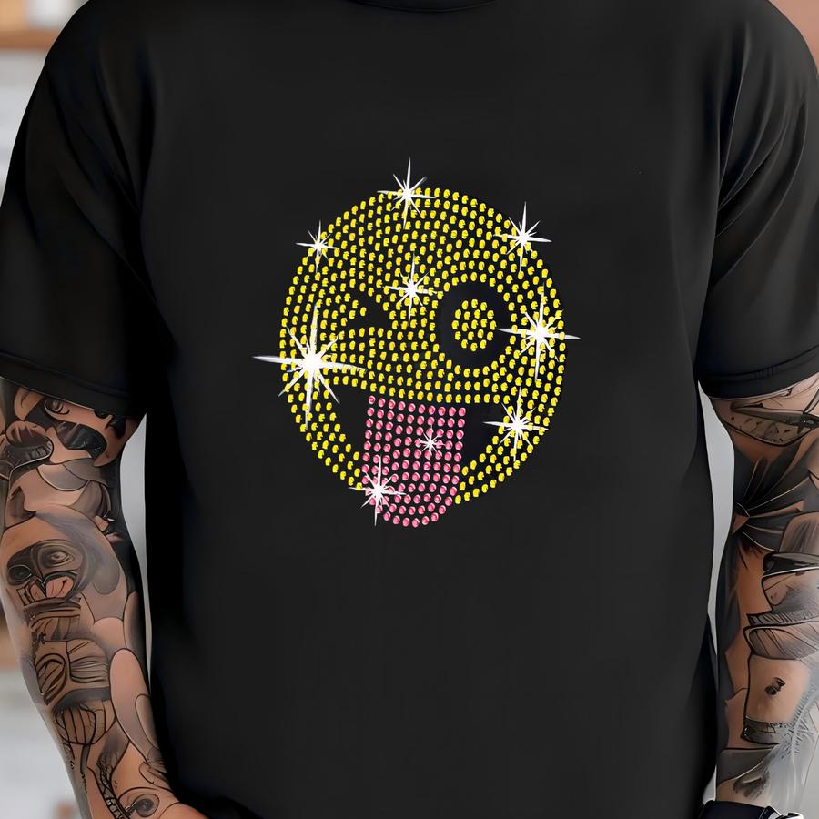 Rhinestone Emoji Cap: Tongue Out Design T-shirt