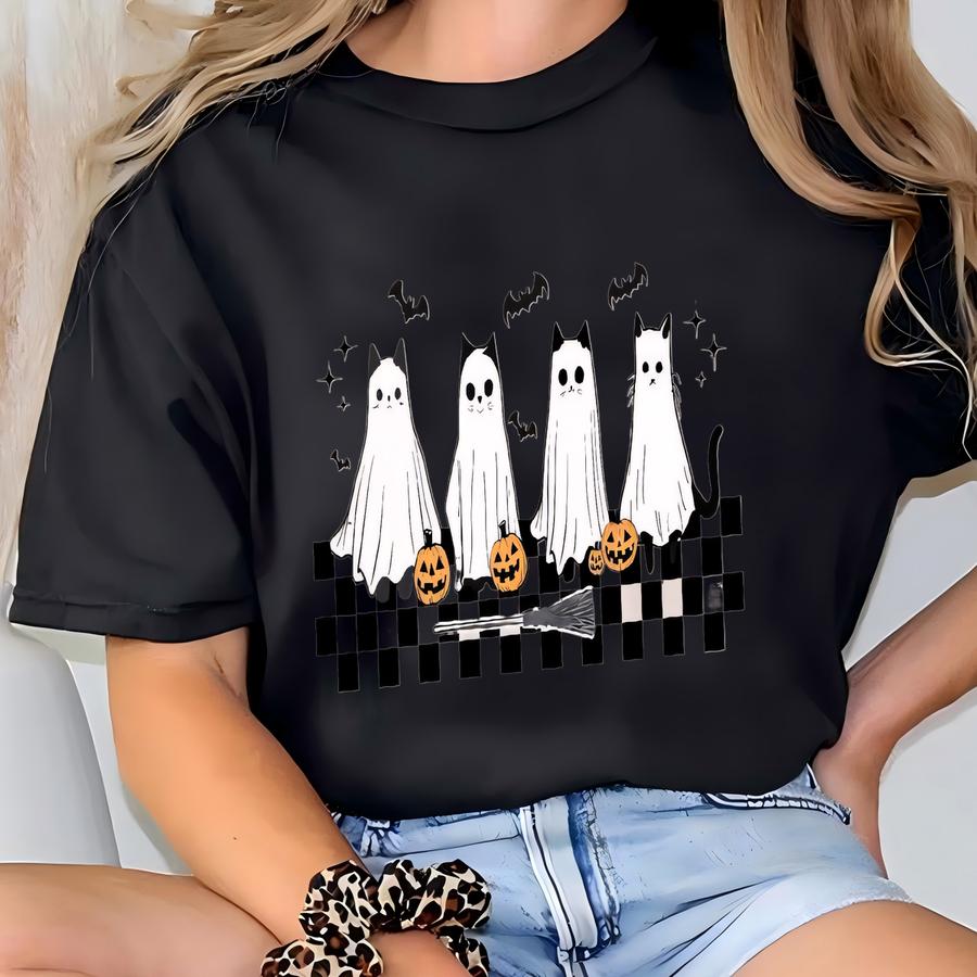 Cute Ghost Black Cats Halloween Shirt, Spooky Season, Cat Lover Gift, Halloween Gift For Cats Owner T-shirt