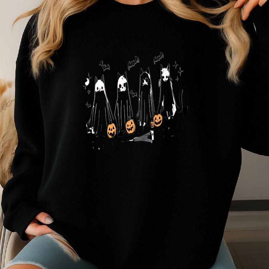 Ghost Cat Halloween Sweatshirt, Spooky Season Hoodie, Cat Lover Gift Sweatshirt