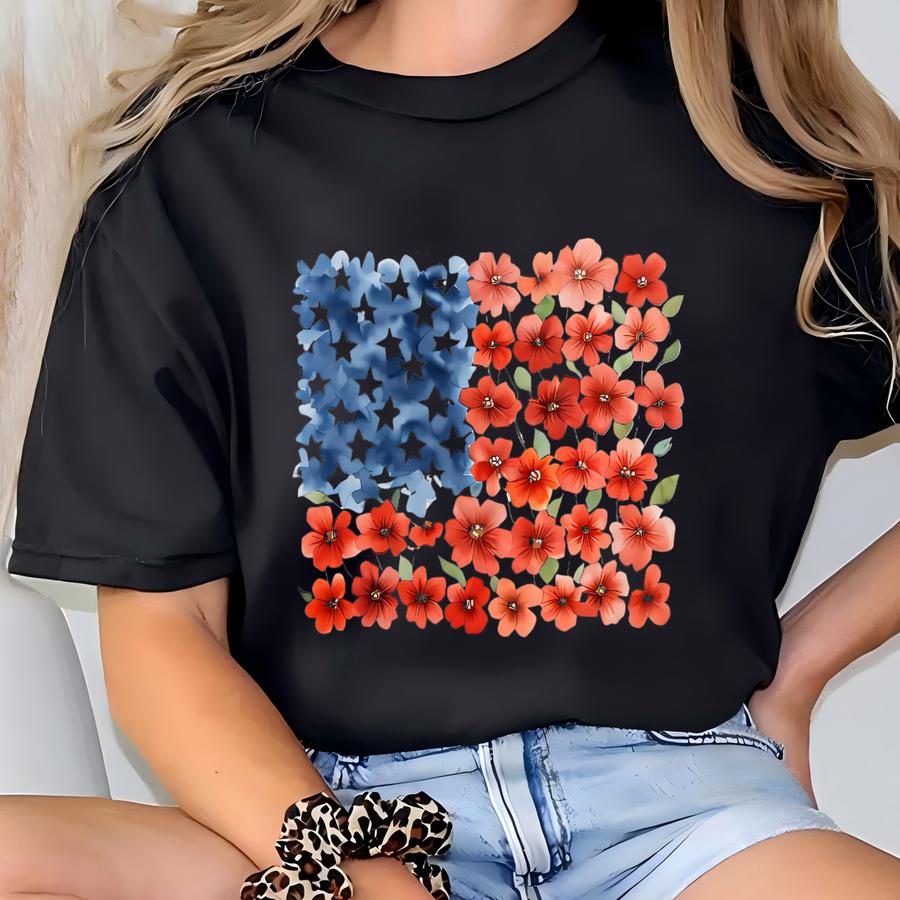 Floral American Flag Shirt - 4th Of July Tee T-shirt