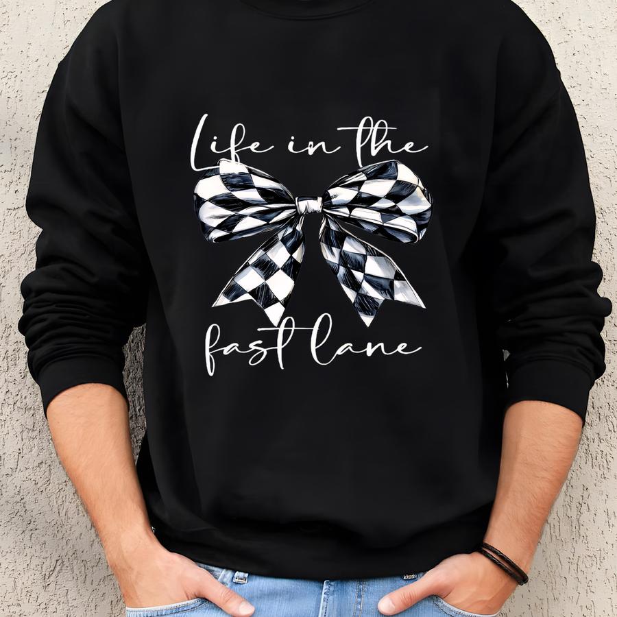 Race Day Shirt, Life In The Fast Lane Tee, Checkered Bow Graphic Tee, Car Girl Gift, Racing Tshirt For Her, Racer Life Sweatshirt