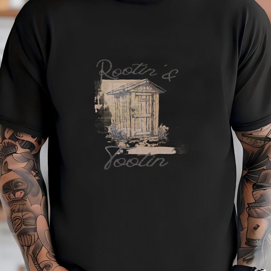 Rootin' And Tootin' Funny Bathroom Wall Art, Western Ranch Bunk House Decor, Cowboy Outhouse Toilet Humor Poster, Rustic Guest Restroom Sign T-shirt