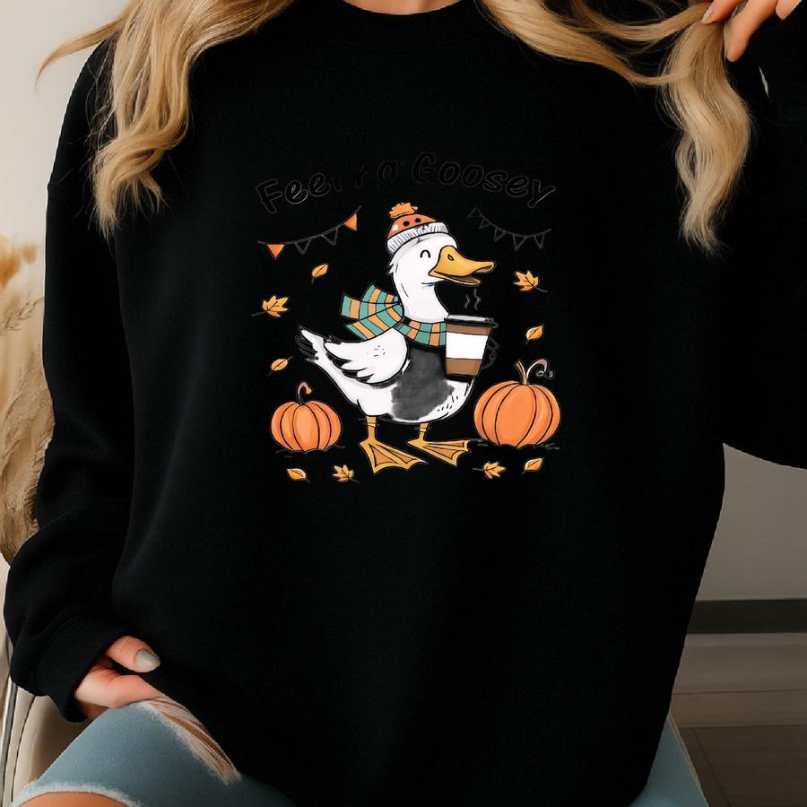 Feeling Goosey Fall Shirt, Funny Cozy Goose With Pumpkin Coffee, Cute Autumn Animal Tees, Fall Gift Sweatshirt