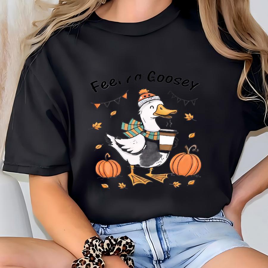 Feeling Goosey Fall Shirt, Funny Cozy Goose With Pumpkin Coffee, Cute Autumn Animal Tees, Fall Gift T-shirt