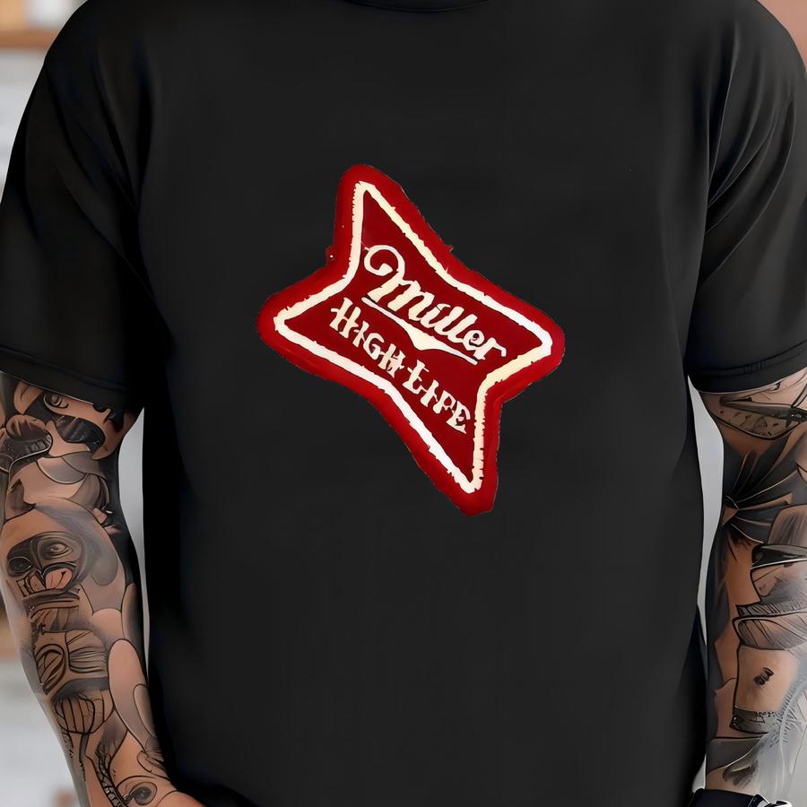 Vintage Miller High Life Beer Denim Shirt Size Large Perfect Fade Double Sided Patches T-shirt