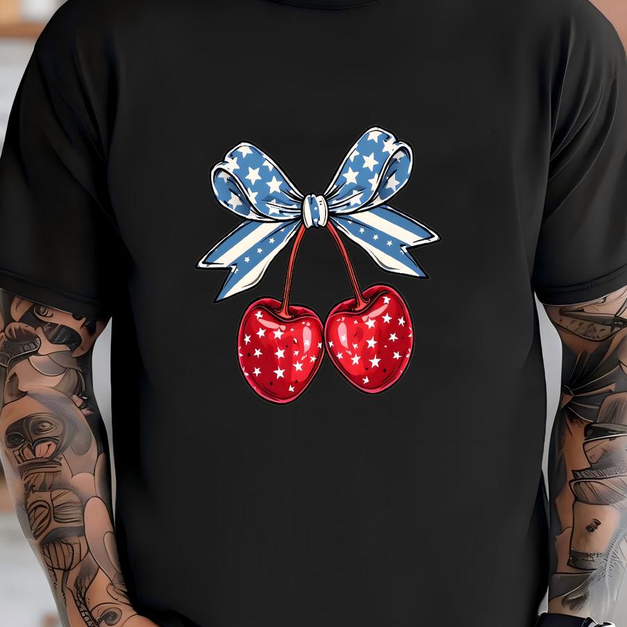 Cherry Bow 4th Of July Cherry Bow Usa Flag Sweatshirt, Cherry Bow Patriotic Cherry Bow, Independence Day America Cherries Coquette Bowjul022 T-shirt