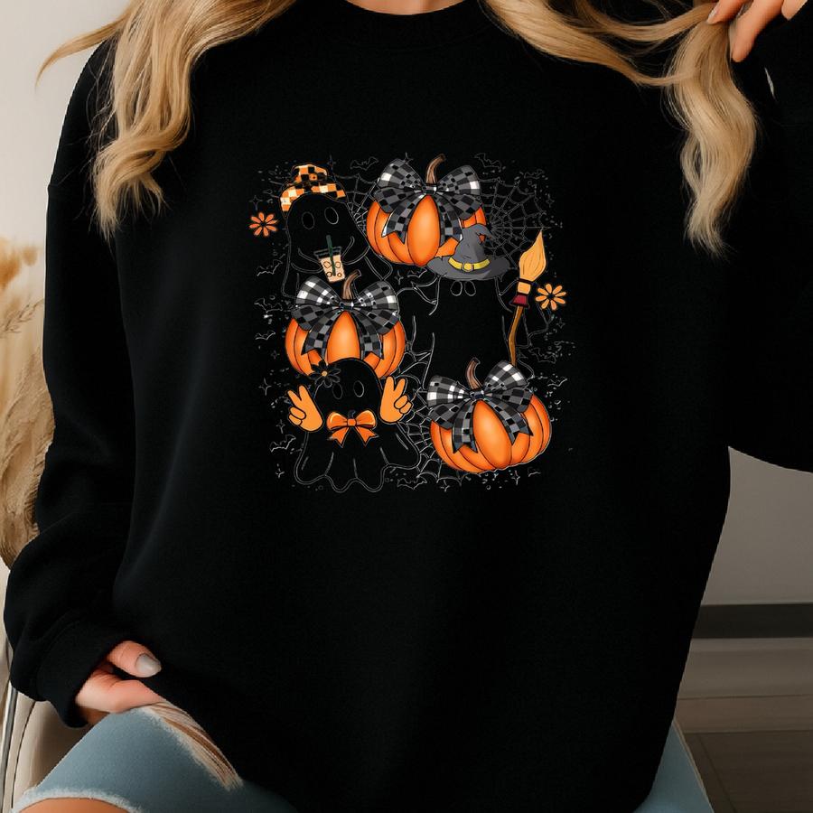 Halloween Ghost Family Sweatshirt, Coquette Pumpkin, Cozy Autumn Ghosts Hoodie Gift, Ghost Witch Sweatshirt