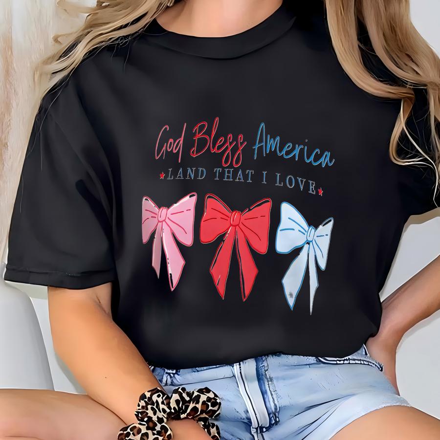 God Bless America, Land That I Love Coquette Bow Usa Hoodie, 4th Of July Girly Shirt, Summer Themed T-shirt