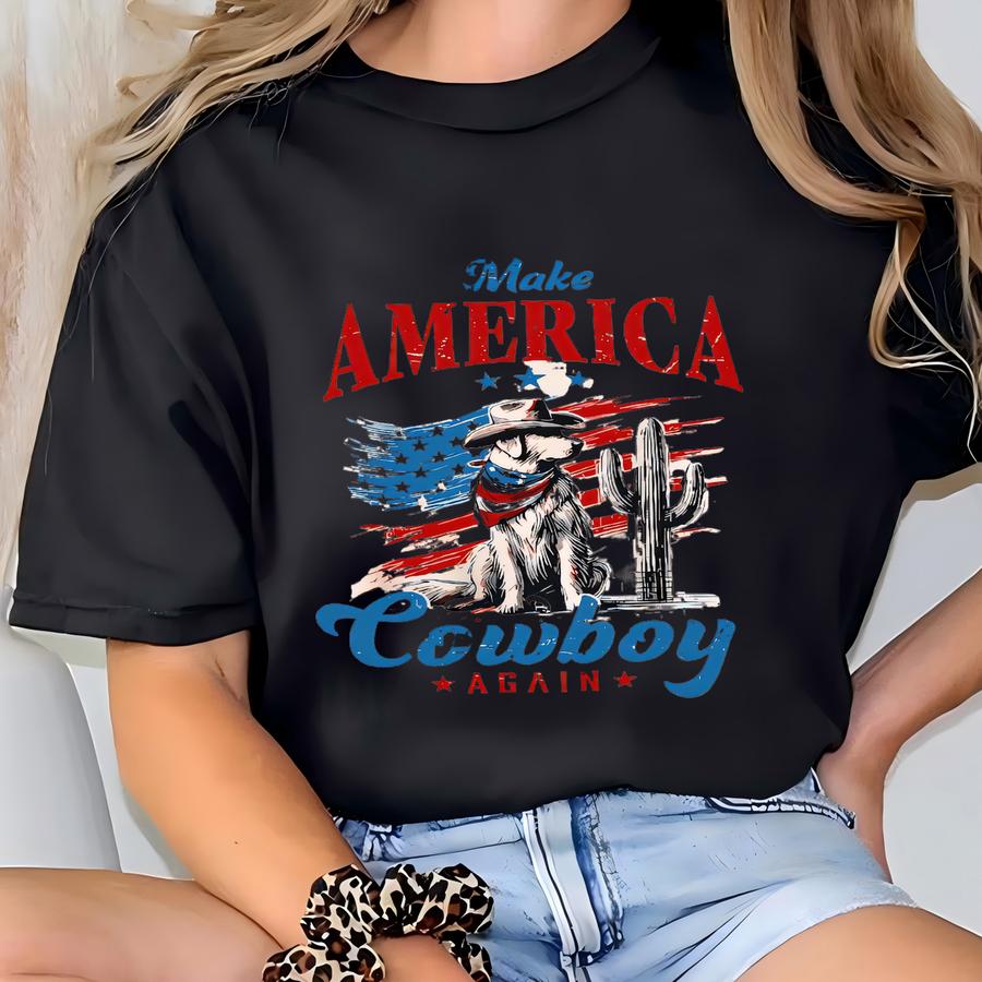 Retro Comfort Patriotic Cowboy Hoodie, Make America Cowboy Again Shirt, Western 4th Of July Gift, Dog Usa Flag Tee, Independence Day Shirt T-shirt