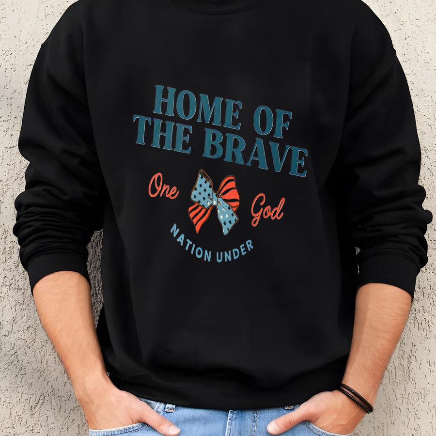 ® Home Of The Brave Patriotic Shirt, American Flag Bow Shirt, Cute 4th Of July Usa Graphic Tee, Unisex Summer Apparel Sweatshirt