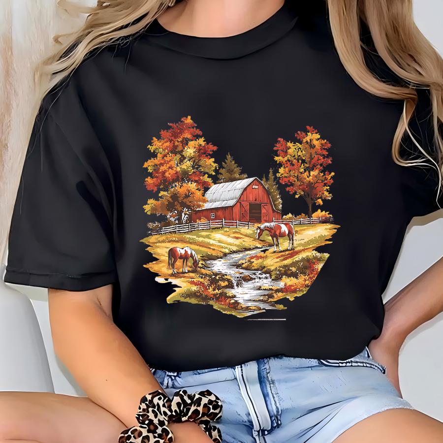 Farm Horses Fall Creek Sweatshirt, Country Crewneck Jumper, Rustic Farmwear, Animal Lover Gift, Harvest Season Shirt T-shirt