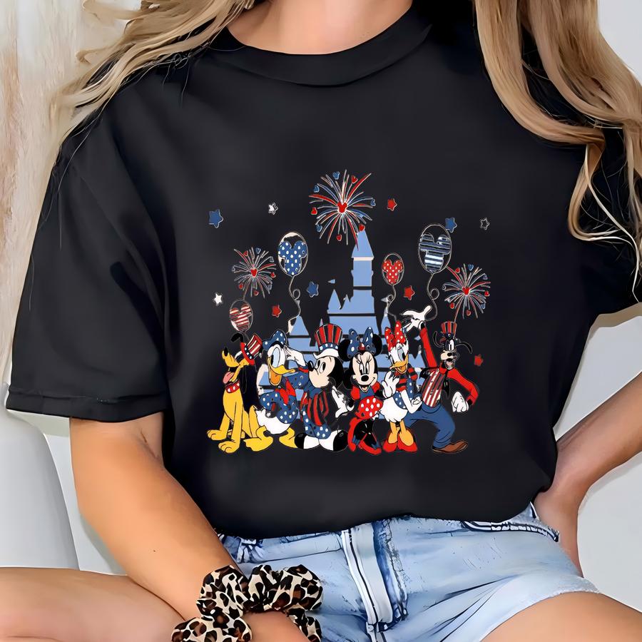 Fireworks Shirt,  Pluto Daisy Donald, 4th Of July Family Tee, Patriotic Cartoon Shirt, Red White Blue Celebration T-shirt