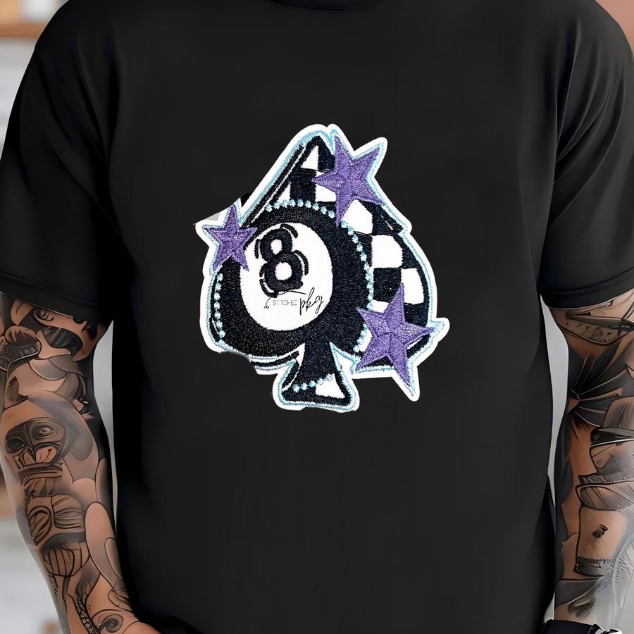 Eight Ball Checkered Spade Patch - Iron On - Black Purple - Accessory - Gambler - Stars - Trucker Hat - Y T-shirt