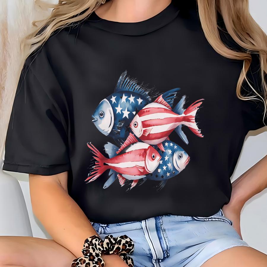 4th Of July Patriotic Fish Shirt – Usa Fishing Tee – Red White Blue Angler Shirt – Independence Day Outdoors Shirt – American Fisherman Gift T-shirt