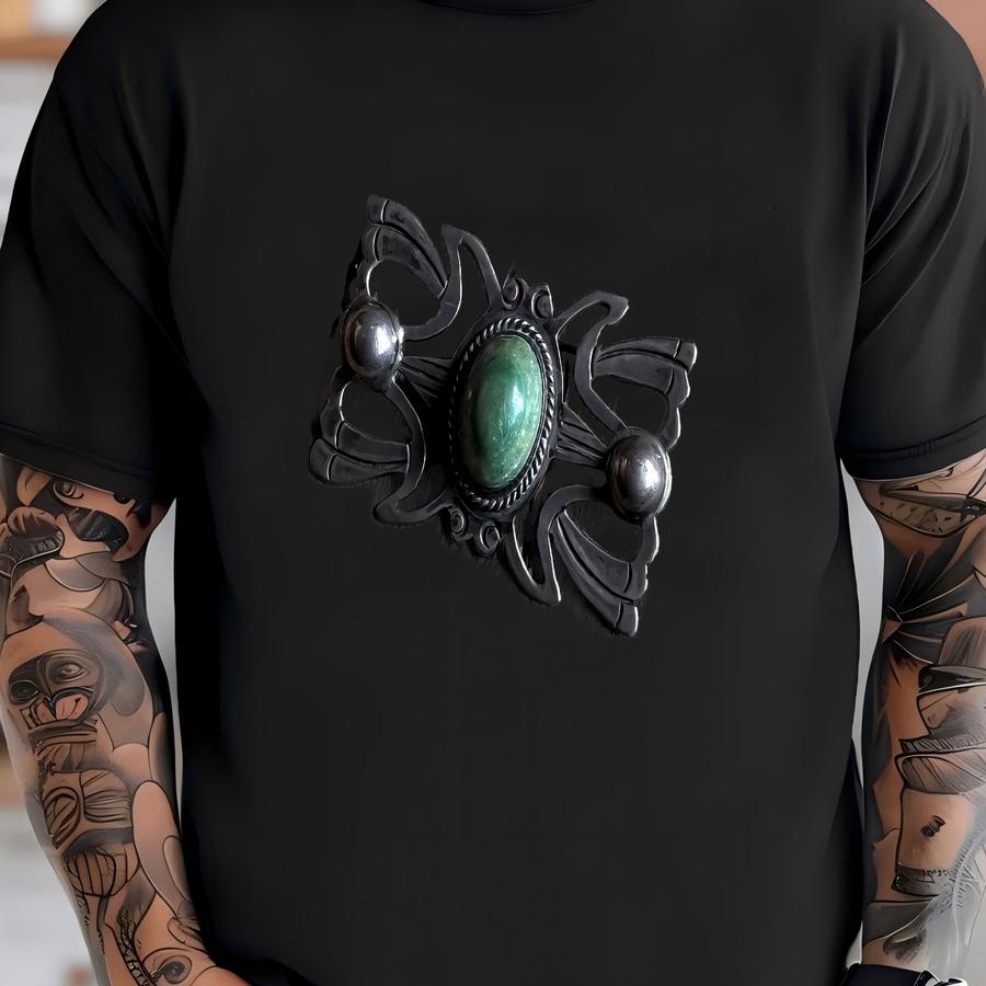 Vintage Large Taxco 925 Sterling Silver Pearl Brooch With Large Variscite Stone. Made In Mexico. T-shirt