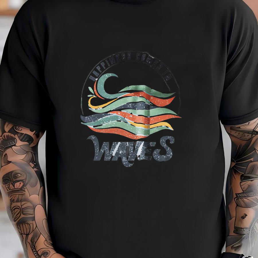 Happiness Comes In Waves Retro Ocean Surf Tank Top T-shirt