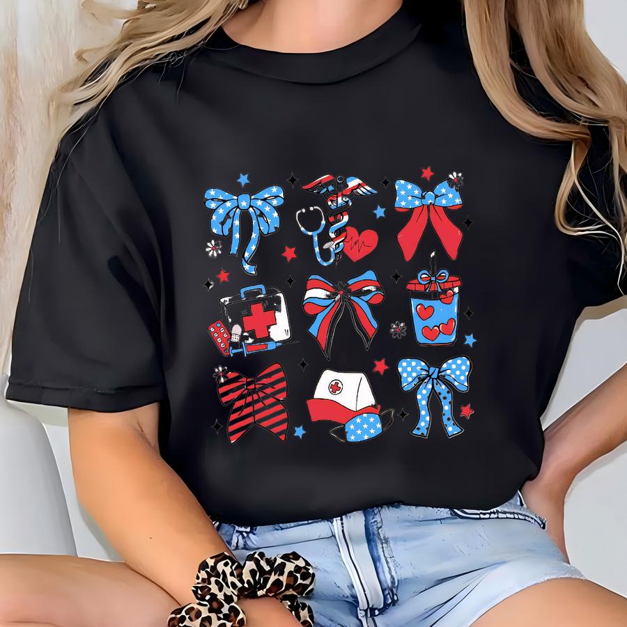 Retro Comfort 4th Of July Nurse Shirt, Nurse Coquette Bow Hoodie, American Nurse Gift, Patriotic Nurse Tee, Independence Day Outfit T-shirt