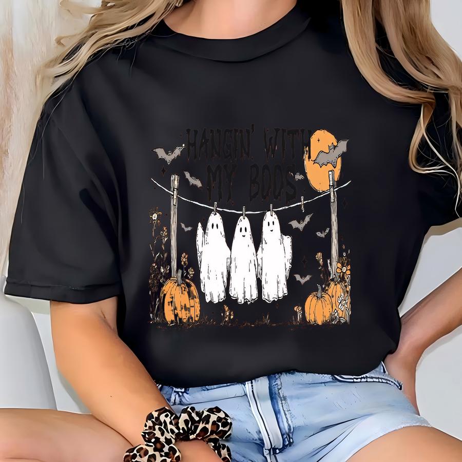 ® Funny Hanging Ghosts Halloween Shirt, Hangin With My Boos Shirt, Cute Pumpkin Bat Shirt, Halloween Boos Shirt, Spooky Vibes T-shirt