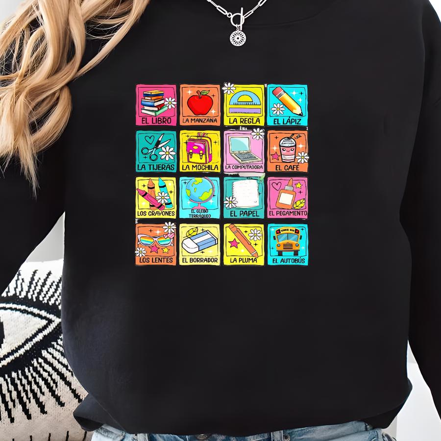 Spanish Teacher T-shirt, Maestra Loteria Shirt, Maestra Sweatshirt, Back To School Gift, Dual Language Crew Tee, Bilingual Teacher Shirt Sweatshirt
