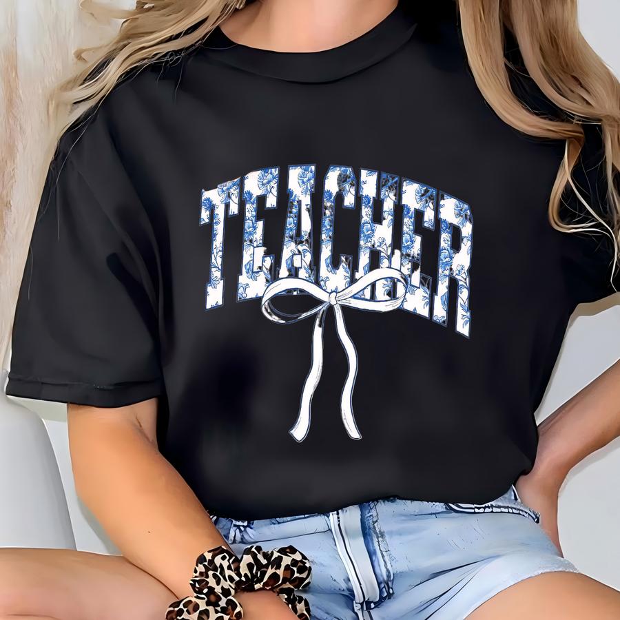 Chinoiserie Coquette Bow Teacher Shirt, Gift For Teacher Appreciation, Matching Teacher Tees For The Back To School T-shirt