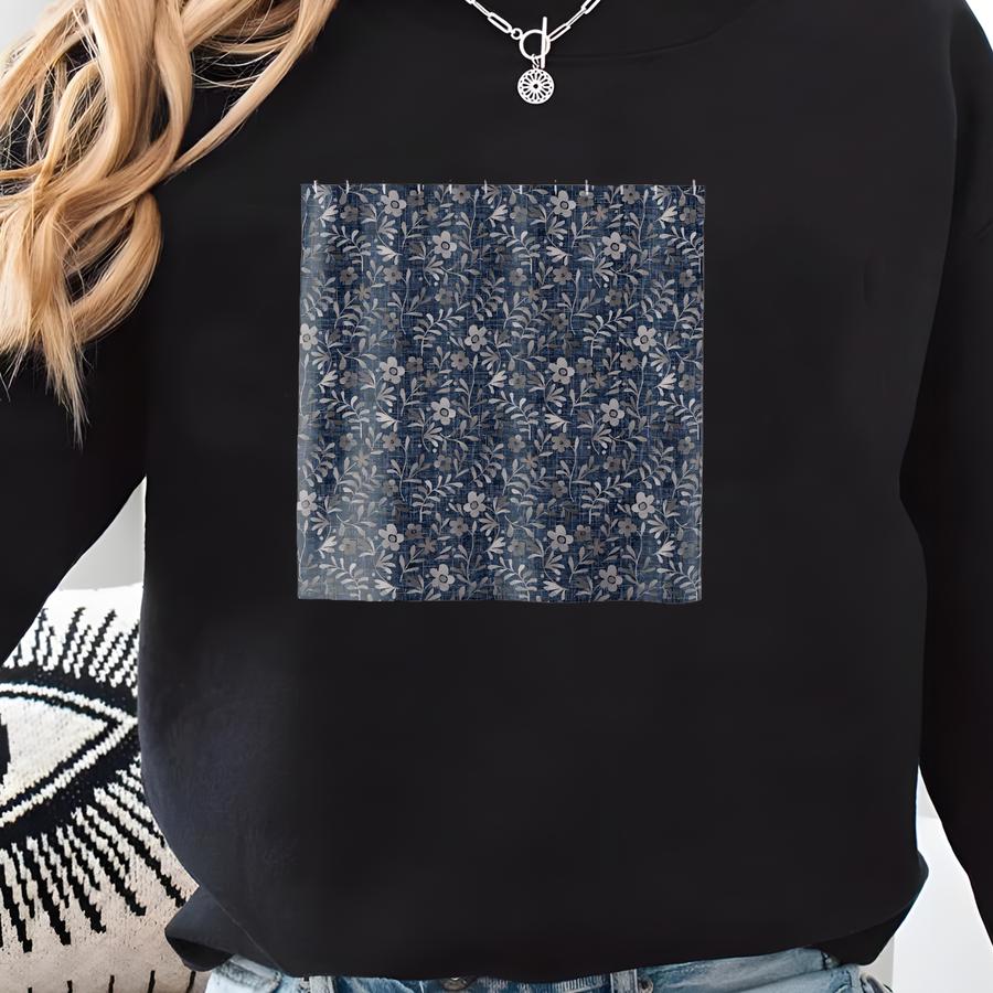 Floral Pattern Denim Color Polyester Shower Curtain, Botanical Bathroom Decor, Nature Inspired, Floral Home Decor, 71 Sweatshirt