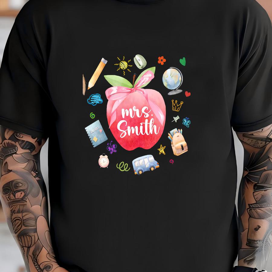 ® Custom Teacher Shirt Apple With Pink Bow Coquette Hoodie For Teachers School Bus Cute Elementary Teacher Appreciation Gift T-shirt