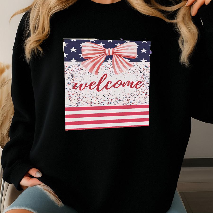 Coquette Welcome Flag Summer Yard Decor Garden Flag July 4th Decor Personalized Sign Red White And Blue House Banner Patriotic Rv Gift Sweatshirt