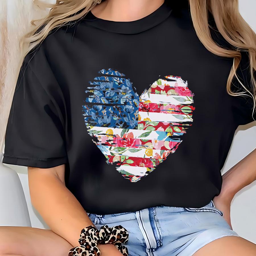 Floral Heart Usa Flag Hoodie: Patriotic 4th Of July Graphic Tee T-shirt
