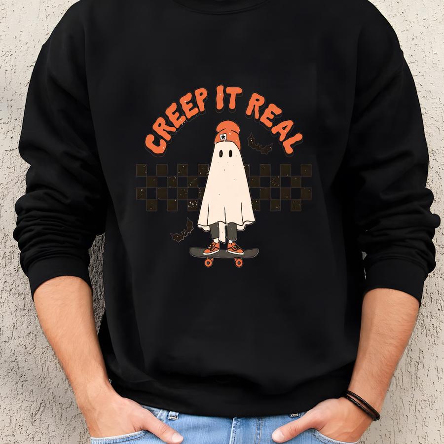 Creep It Real Halloween Sweatshirt, Cute Ghost Halloween Shirt, Women Halloween Shirt, Spooky Season, Fall Shirt, Retro Halloween Shirt Sweatshirt