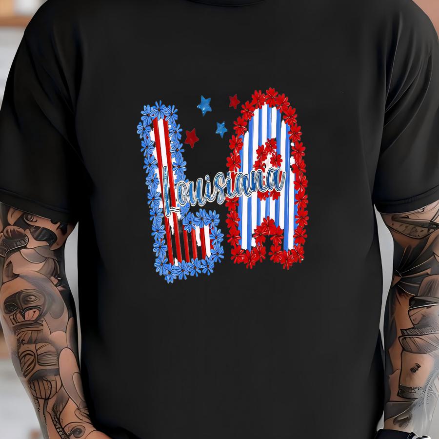 Louisiana State Floral Red White Blue Patriotic La Sweatshirt, Floral Louisiana Shirt, Red White Blue La, Usa Floral 4th Of July -jul026 T-shirt