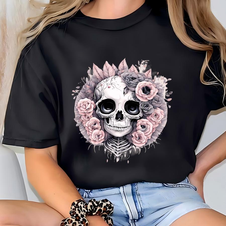 Halloween Shirt, Skull With Pink Roses, Spooky Halloween Gift T-shirt