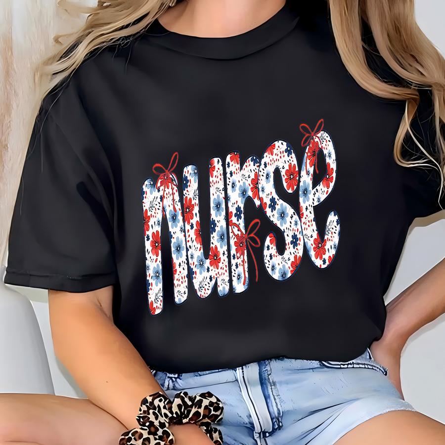 Floral Nurse Shirt: Patriotic American Tee T-shirt