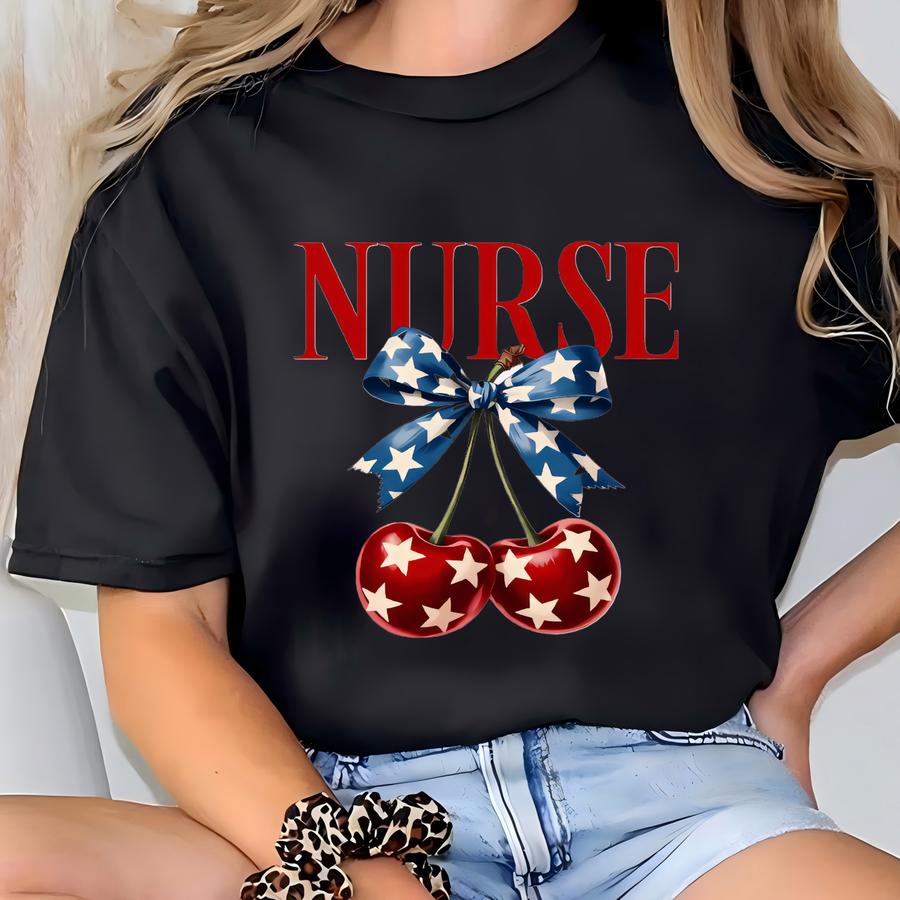 Nurse Coquette Cherry Bow Shirt: Patriotic 4th Of July Tee T-shirt
